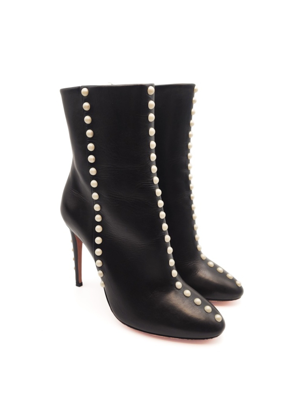 Aquazzura Follie Pearls Bootie Black Leather Zip Ankle Boots EU 38